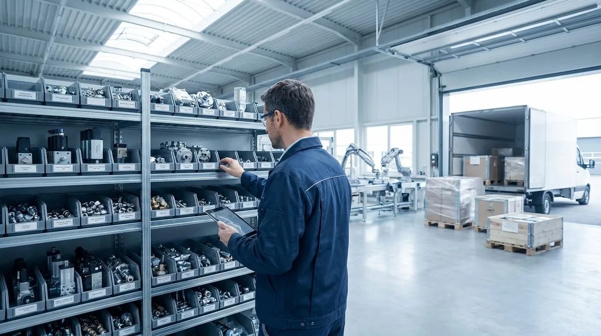 Picking at the bin shelving with a tablet, loading in the background