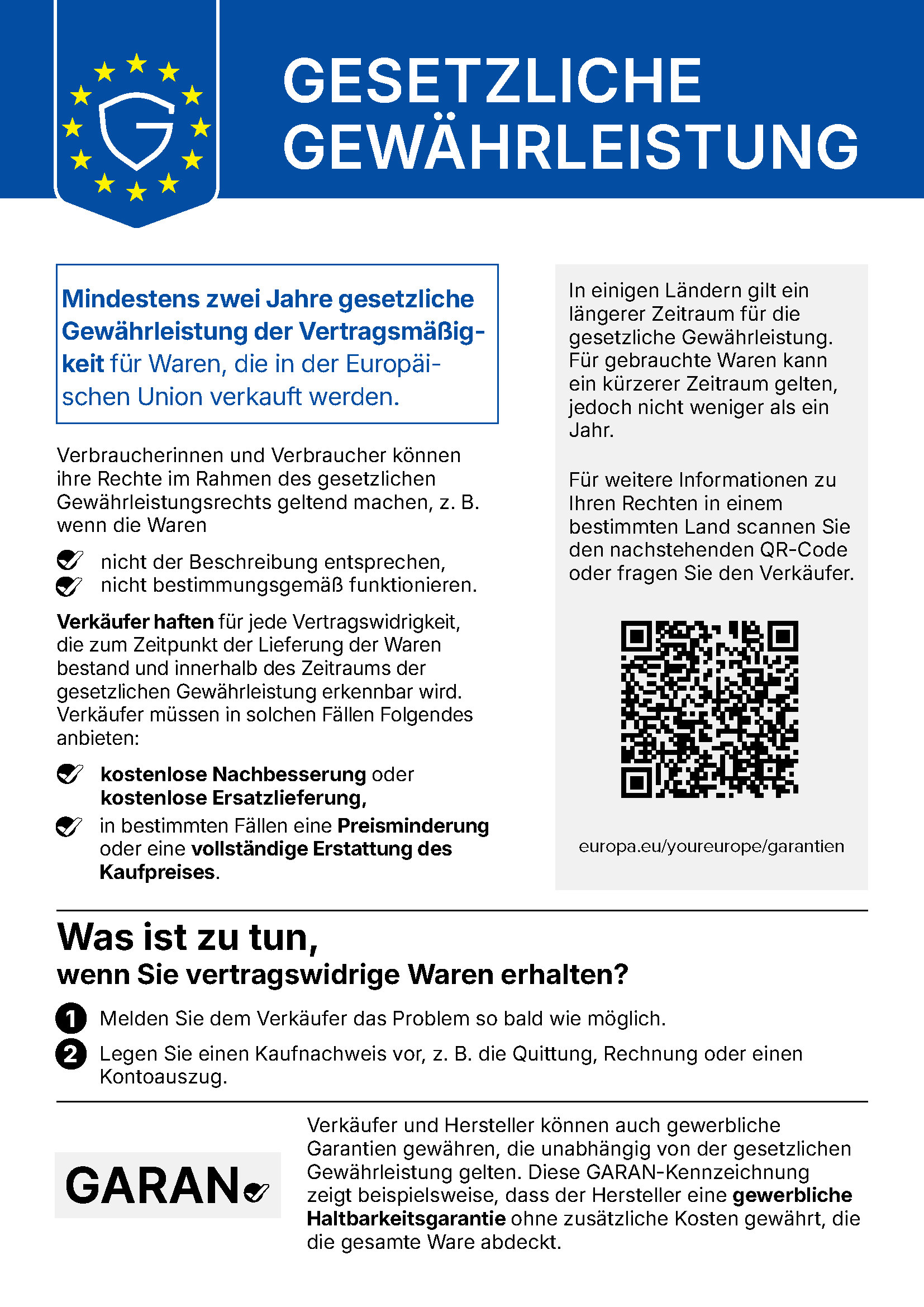 Harmonisierte EU-Mitteilung zur gesetzlichen Gewährleistung: mindestens zwei Jahre Schutz, kostenlose Reparatur oder Ersatzlieferung sowie gegebenenfalls Preisminderung oder Erstattung.