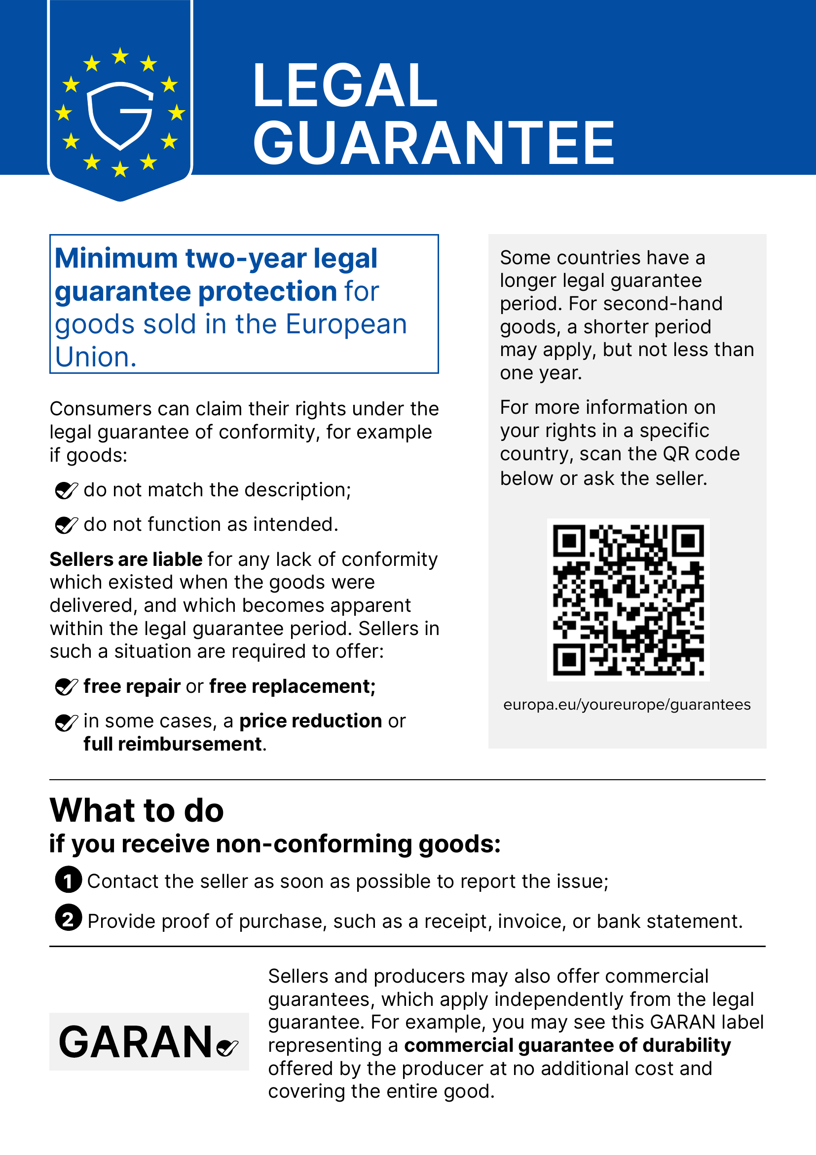 EU harmonised notice on the legal guarantee of conformity: at least two years of protection, free repair or replacement and, where applicable, a price reduction or reimbursement.